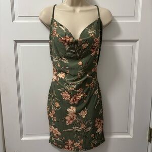 IRIS Olive Green Floral Cowl Neck Mini Dress Small
